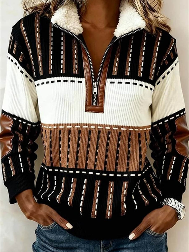 Women's Multi Striped Print Collared Long Sleeve Half-Zip Pullover Sweater