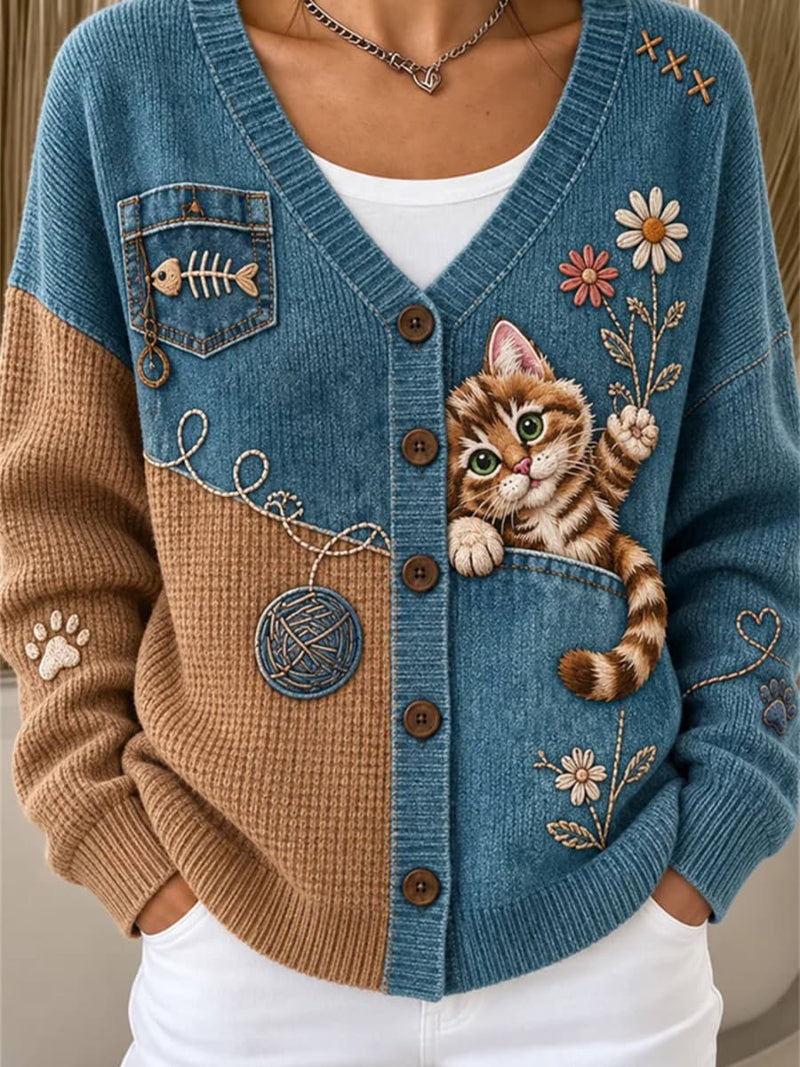 Women's Blue Brown Cat Fish Print V Neck Long Sleeve Cardigan