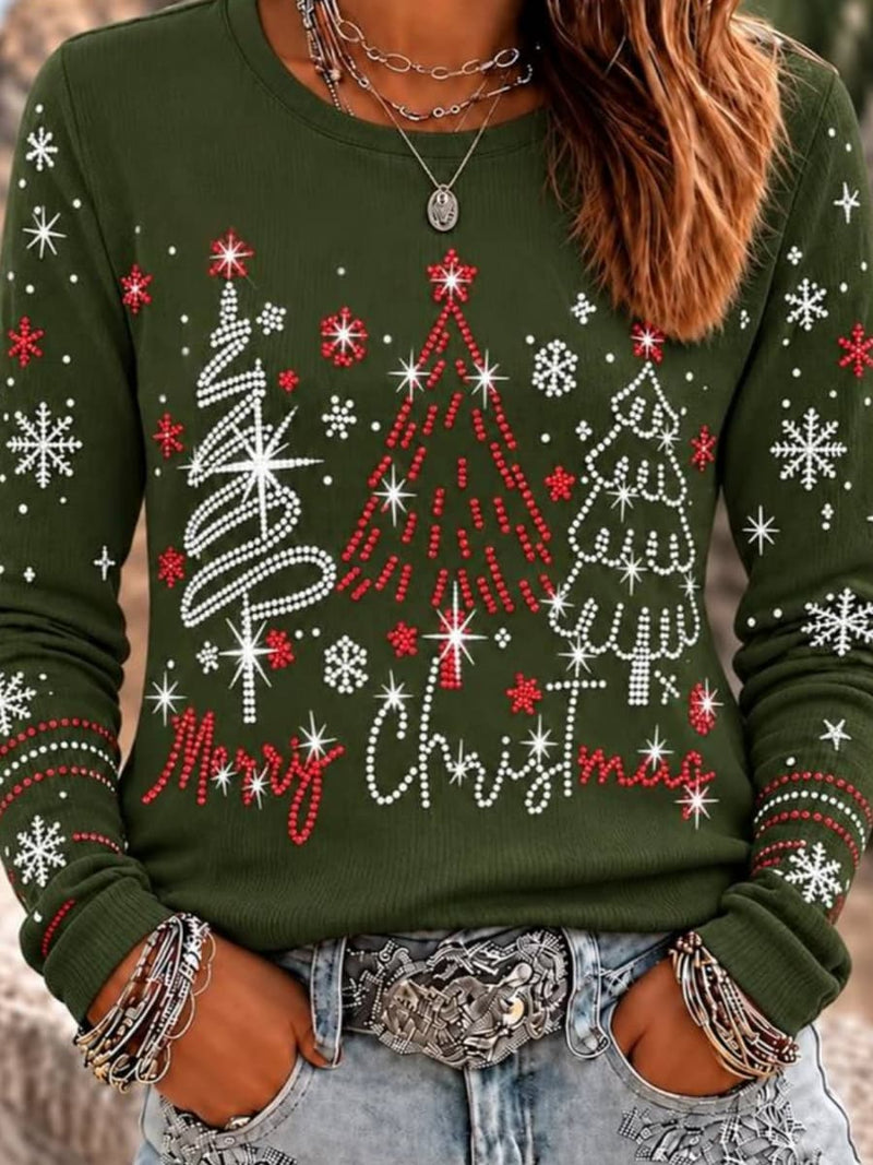 Women's Christmas Green Tree Snowflake Print Round Neck Long Sleeve Sweater