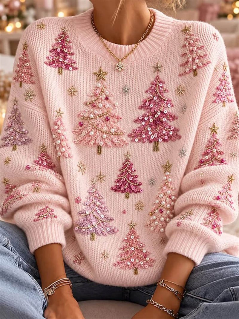 Women's Christmas Pink Tree Print Round Neck Long Sleeve Sweater