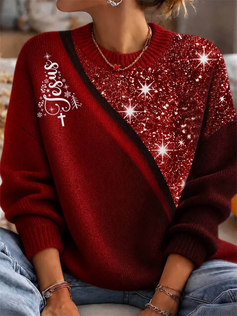 Women's Christmas Red Jesus Print Round Neck Long Sleeve Sweater