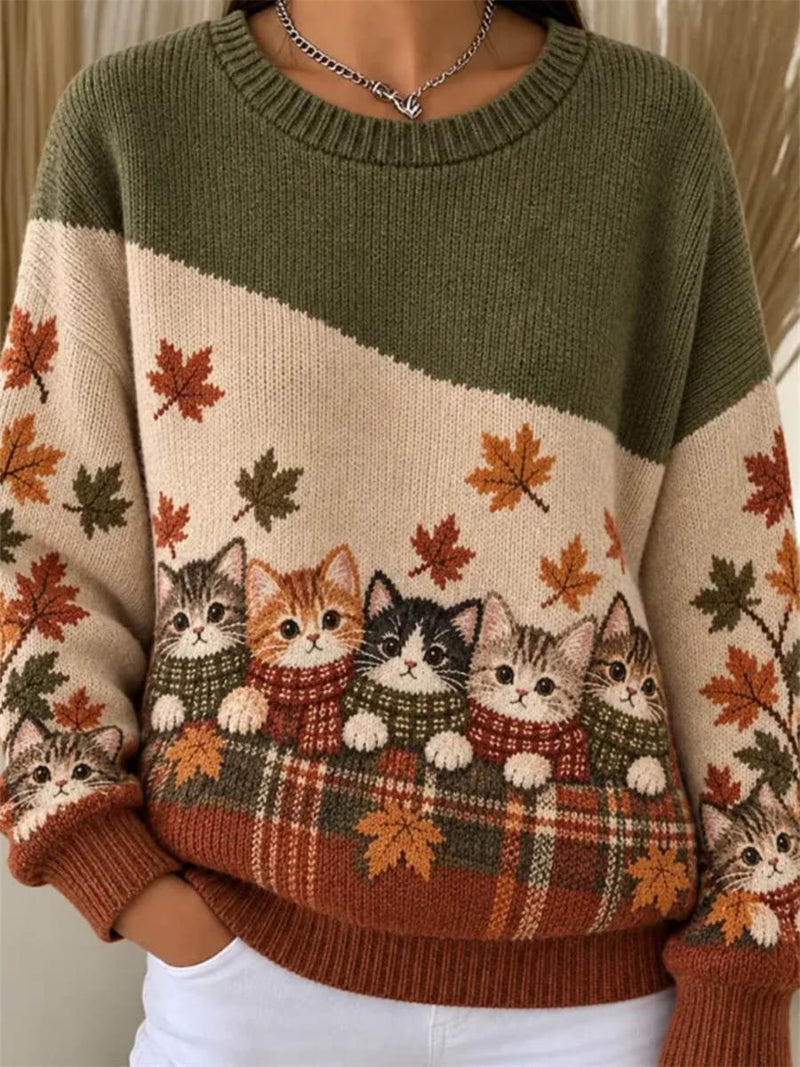 Women's Green Cat Leaf Print Round Neck Long Sleeve Sweater