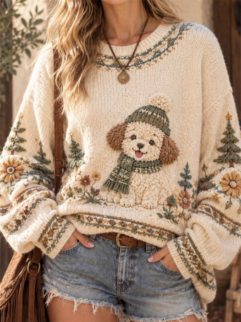 Women's Beige Dog Floral Print Round Neck Long Sleeve Sweater