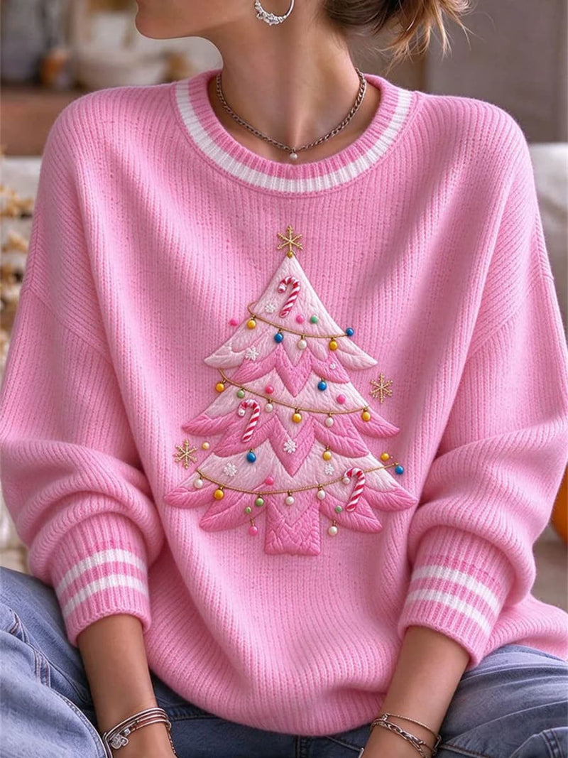 Women's Christmas Pink Tree Print Round Neck Long Sleeve Sweater