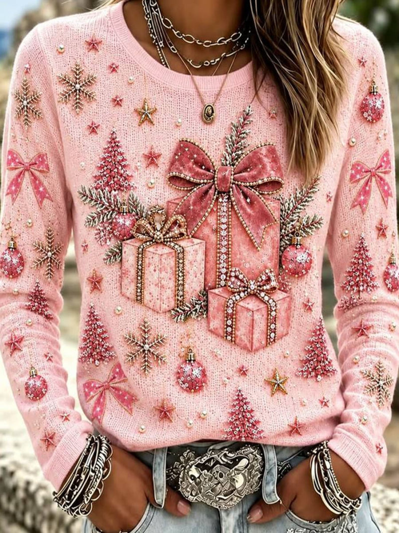 Women's Christmas Pink Gift Bow Print Round Neck Long Sleeve Sweater