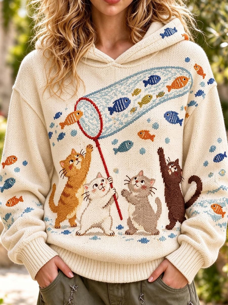 Women's Beige Cat Fish Print Hooded Long Sleeve Sweater