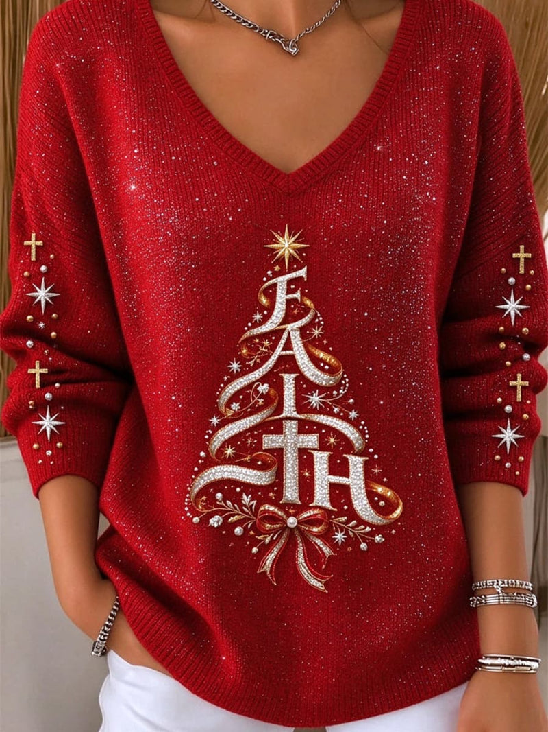 Women's Christmas Red Tree Print V Neck Long Sleeve Sweater