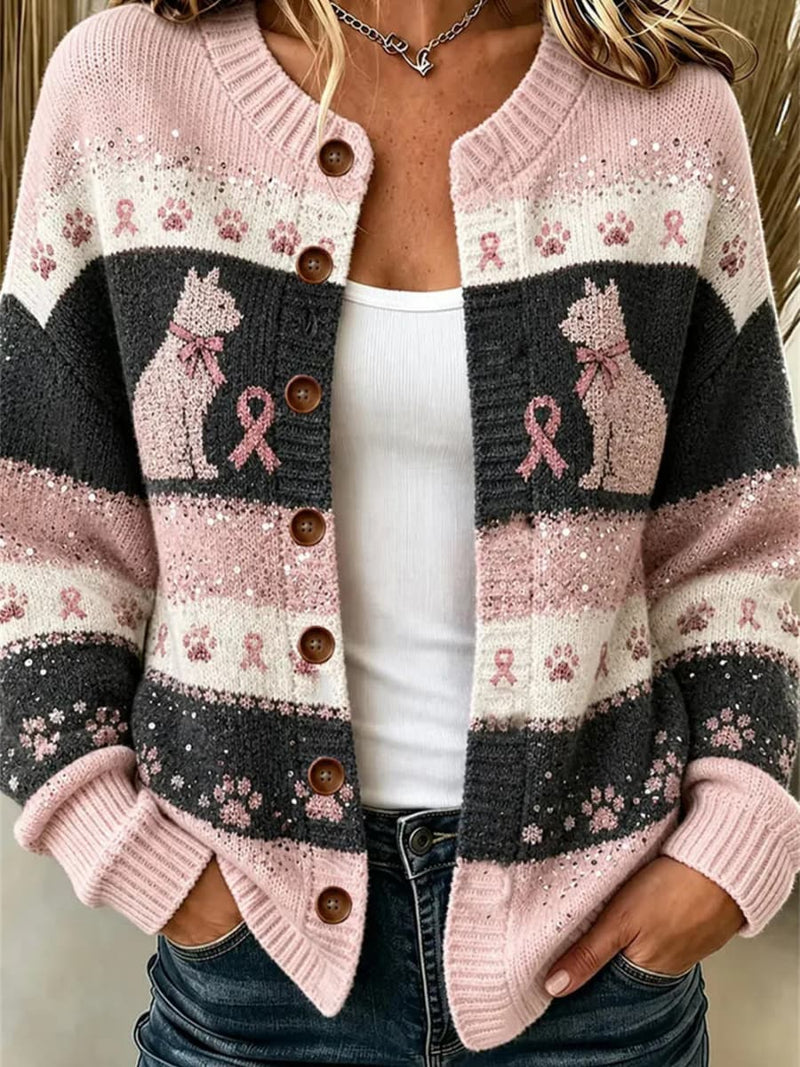 Women's Pink Ribbon Dog Print Round Neck Long Sleeve Cardigan