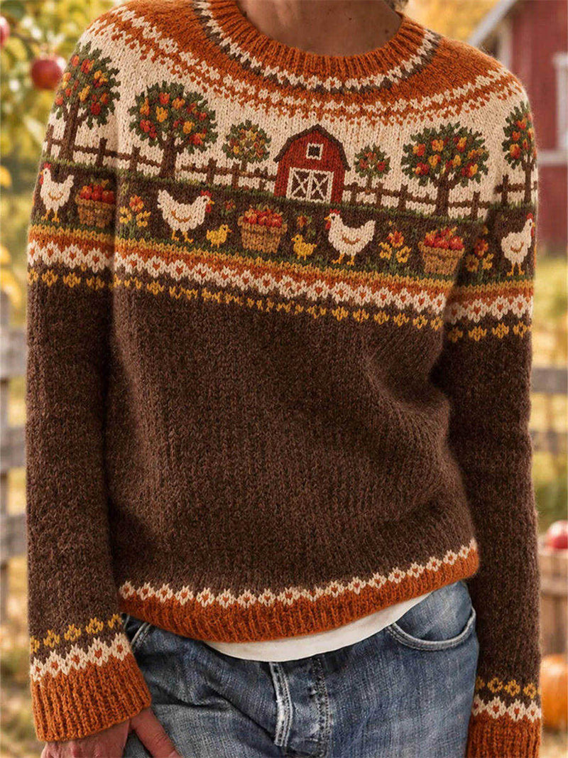 Women's Thanksgiving Brown Farm Print Round Neck Long Sleeve Sweater