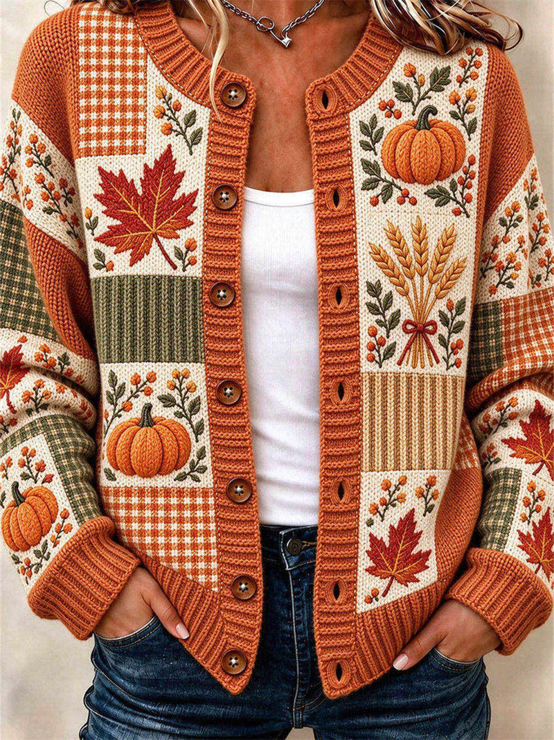 Women's Thanksgiving Orange Pumpkin Print Round Neck Long Sleeve Cardigan