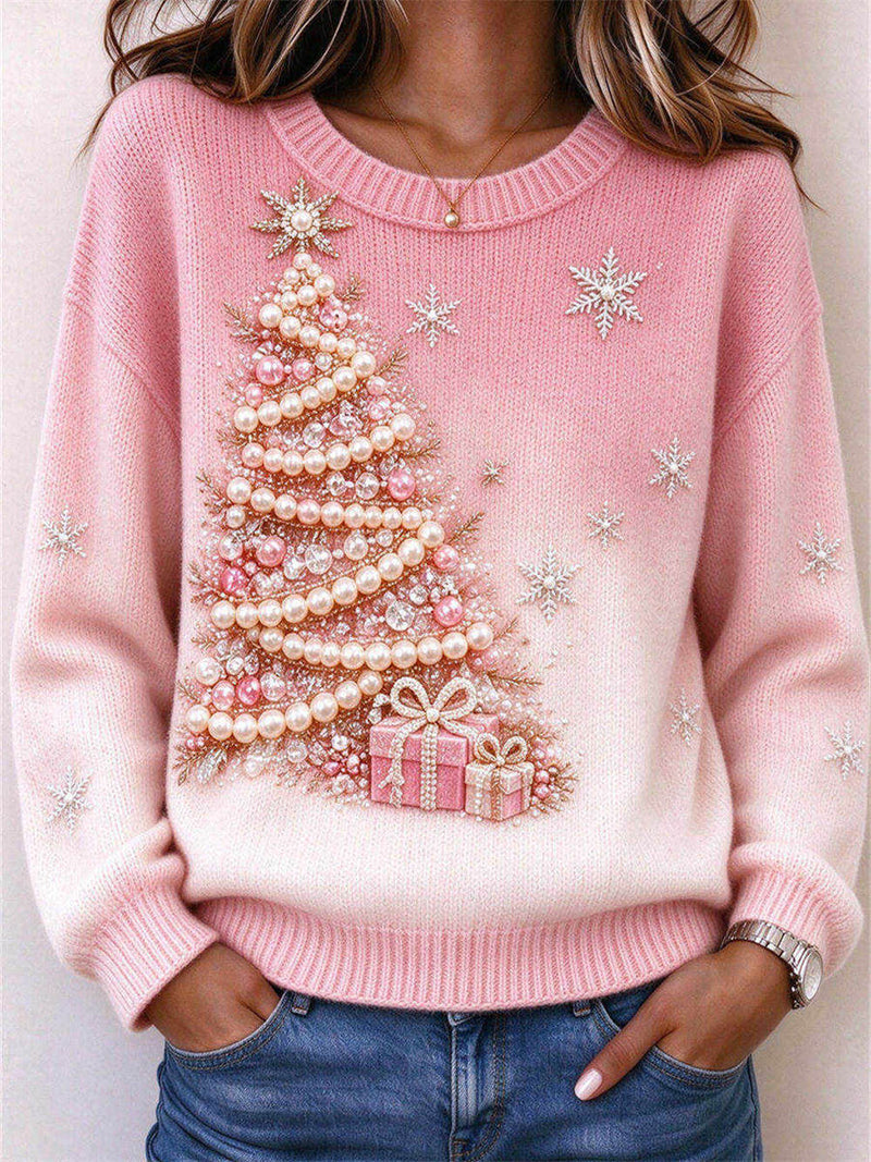 Women's Christmas Pink Snowflake Round Neck Long Sleeve Sweater