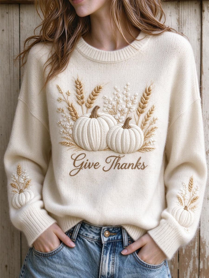Women's Thanksgiving Beige Pumpkin Letter Print Round Neck Long Sleeve Sweater