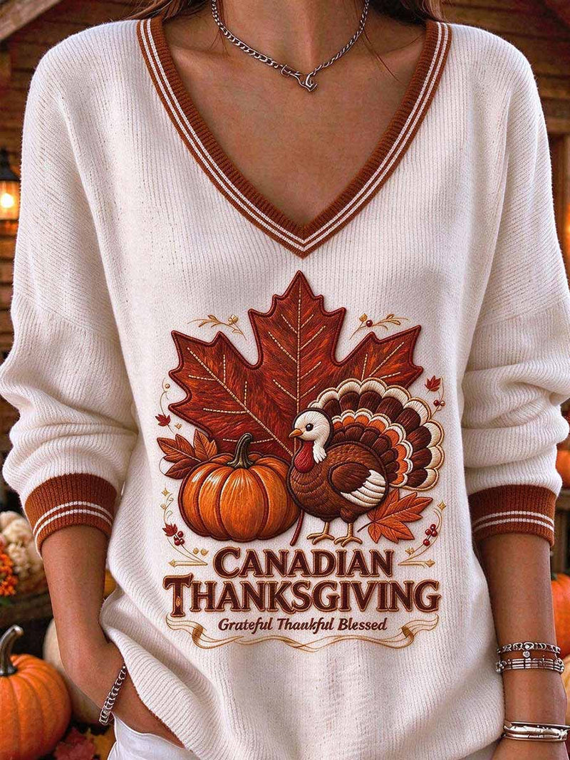 Women's Thanksgiving White Turkey Leaf V Neck Long Sleeve Sweater