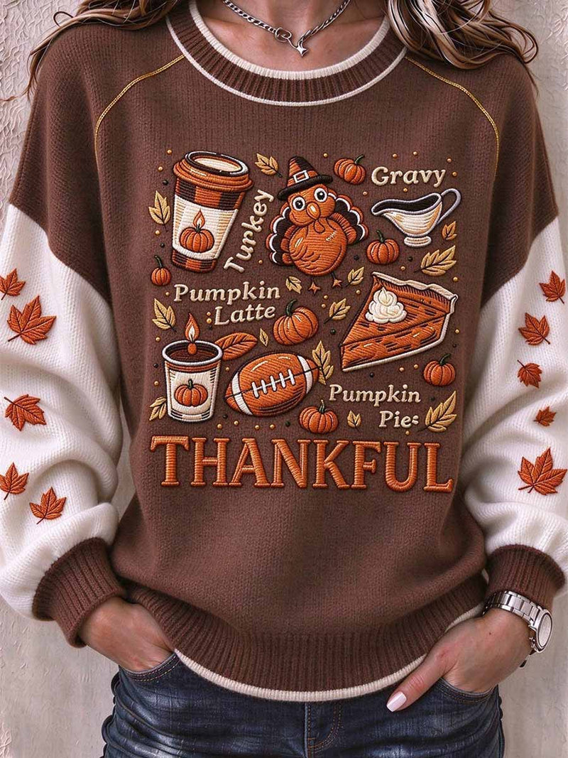 Women's Thanksgiving Brown Letter Turkey Color Block Round Neck Long Sleeve Sweater