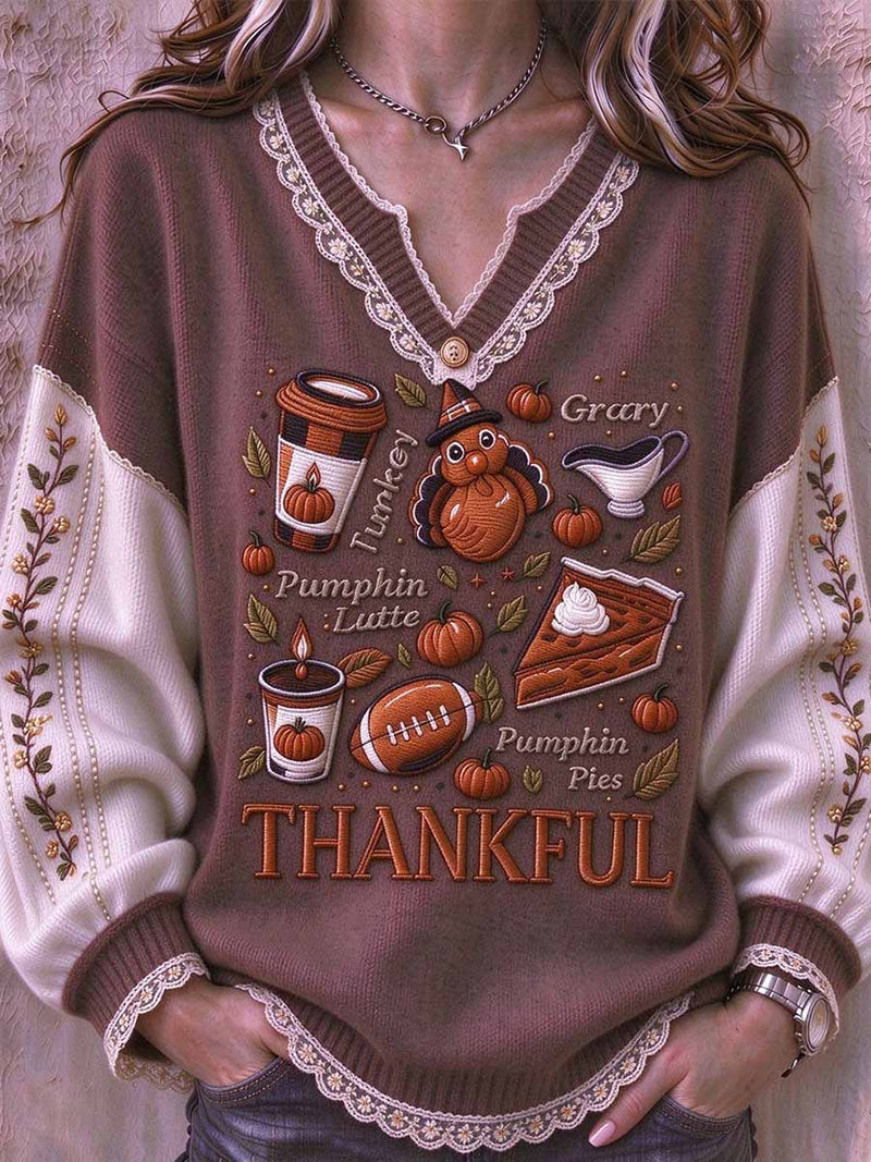 Women's Thanksgiving Brown Letter Turkey V Neck Long Sleeve Sweater