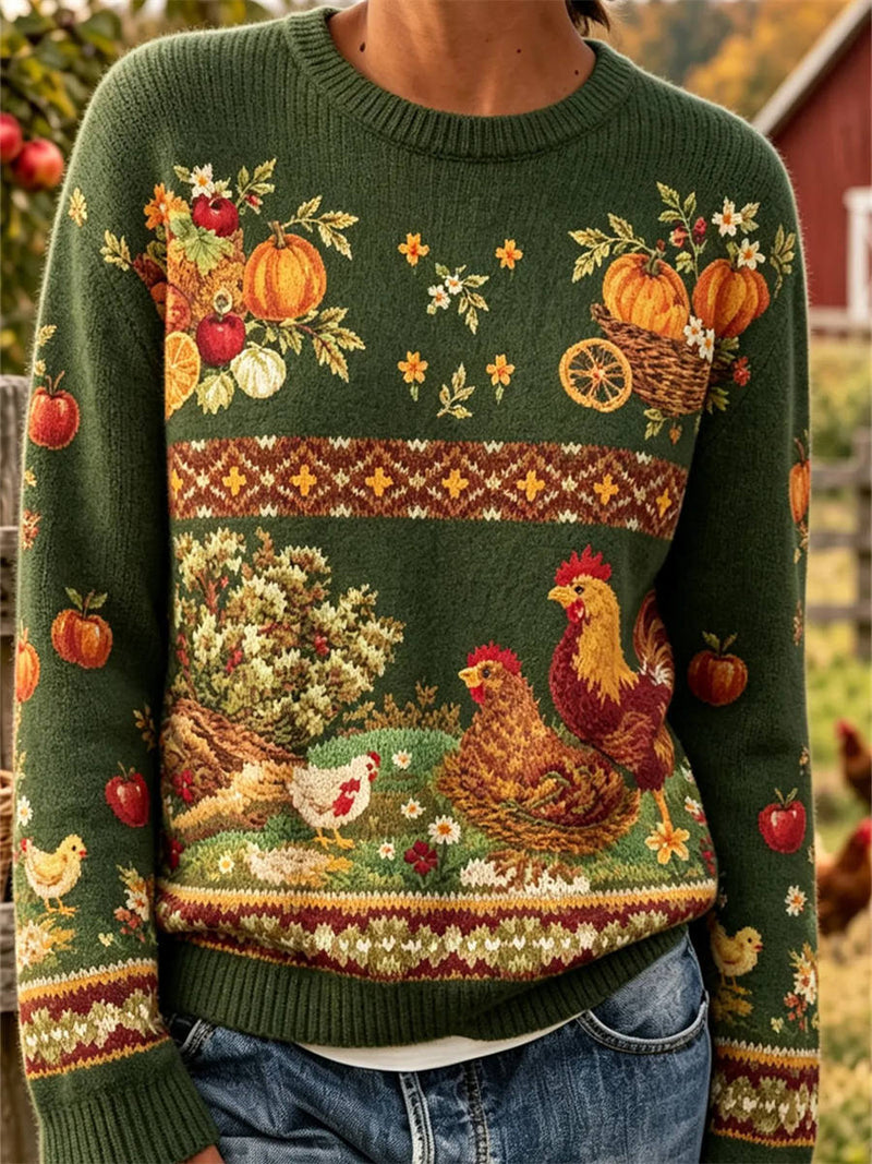 Women's Thanksgiving Green Rooster Pumpkin Round Neck Long Sleeve Sweater