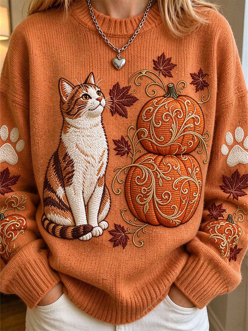 Women's Thanksgiving Orange Cat Pumpkin Round Neck Long Sleeve Sweater