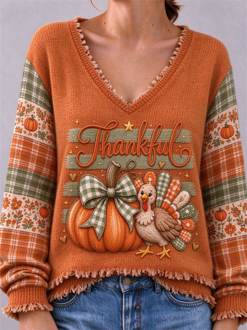 Women's Thanksgiving Orange Letter Turkey Plaid Round Neck Long Sleeve Sweater