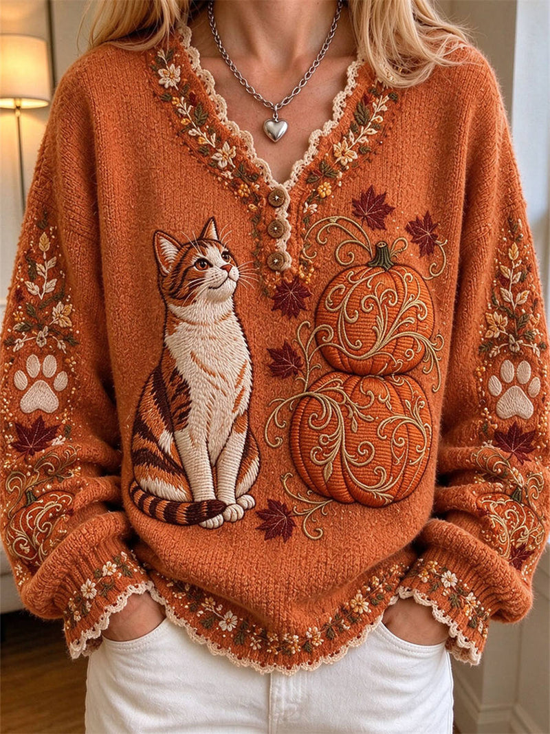 Women's Thanksgiving Orange Cat Pumpkin V Neck Long Sleeve Sweater
