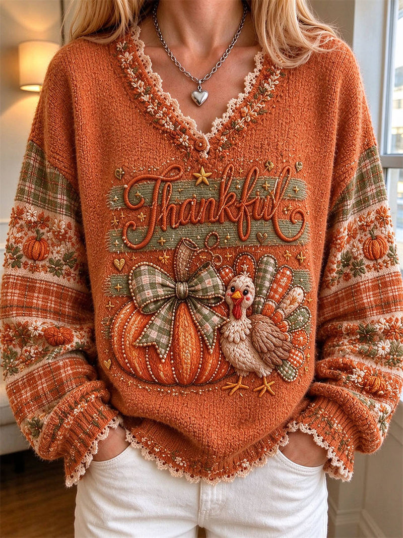 Women's Thanksgiving Orange Letter Turkey Plaid V Neck Long Sleeve Sweater