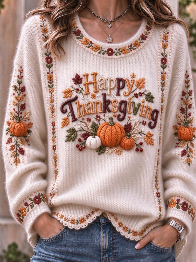 Women's Thanksgiving White Letter Pumpkin Round Neck Long Sleeve Sweater
