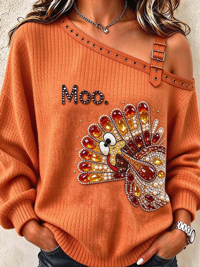 Women's Thanksgiving Orange Letter Turkey Cold Shoulder Long Sleeve Sweater