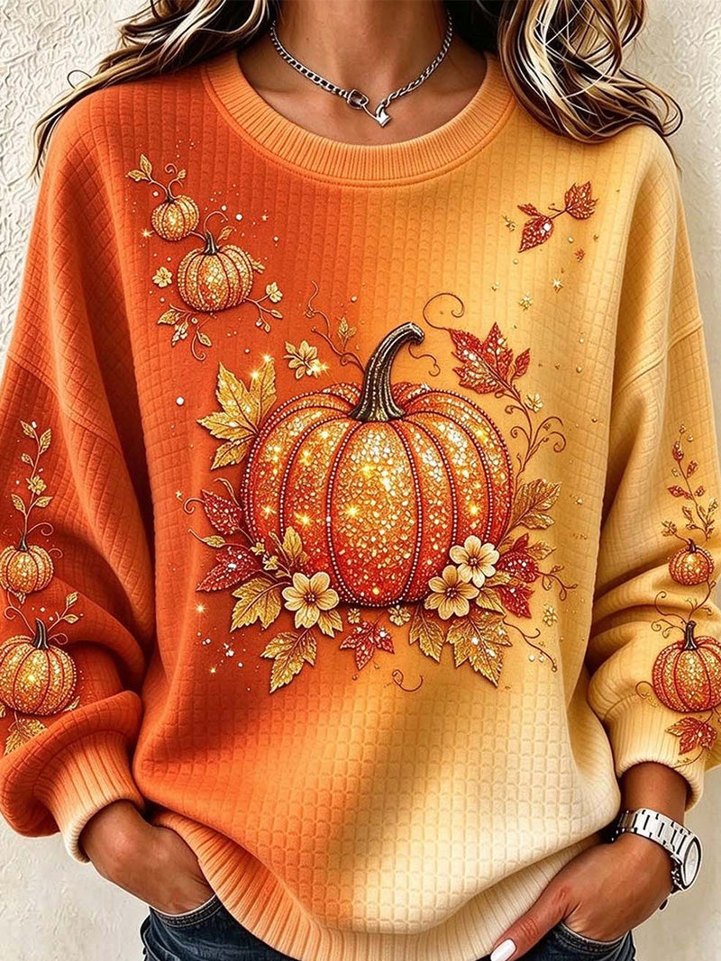 Women's Thanksgiving Orange Ombre Pumpkin Round Neck Long Sleeve Sweatshirt