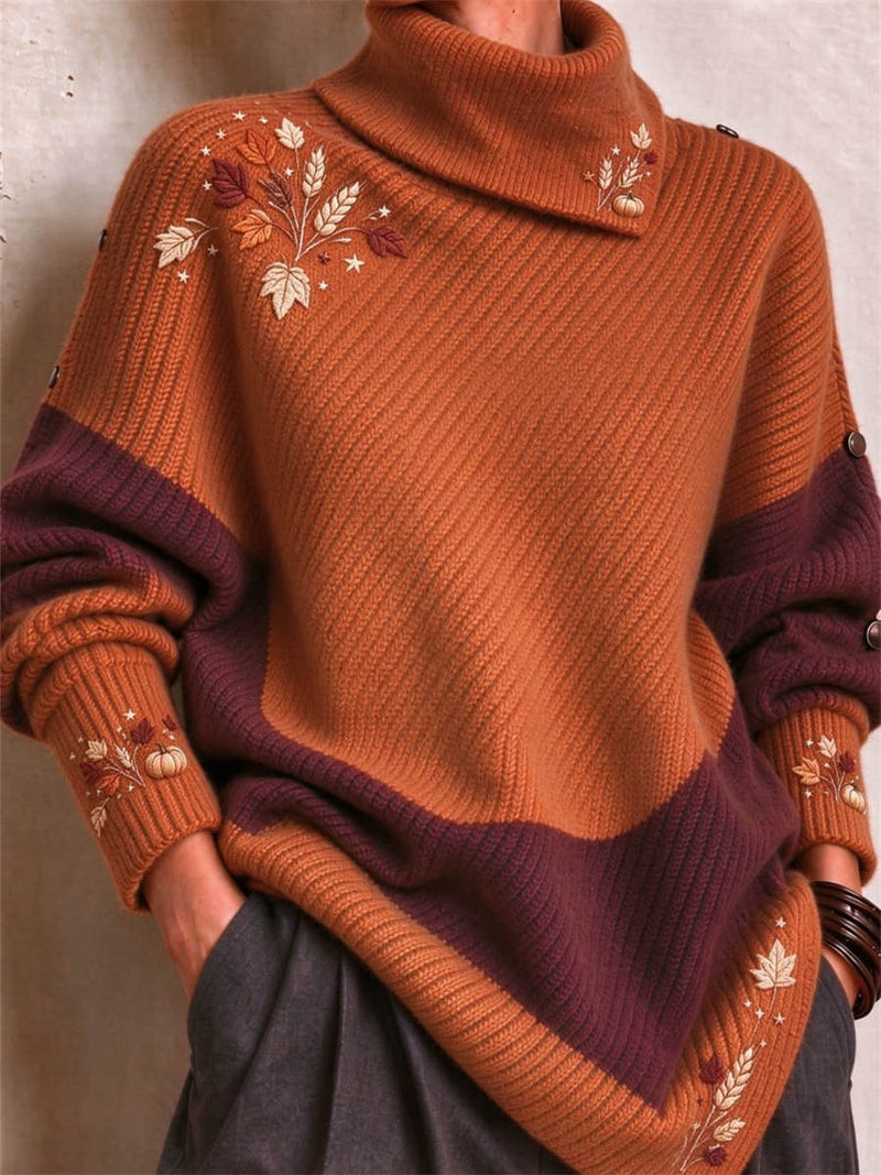 Women's Thanksgiving Brown Pumpkin Leaf Turtleneck Long Sleeve Sweater