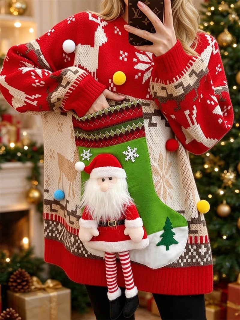 Women's Christmas Red Santa Claus Round Neck Long Sleeve Sweater
