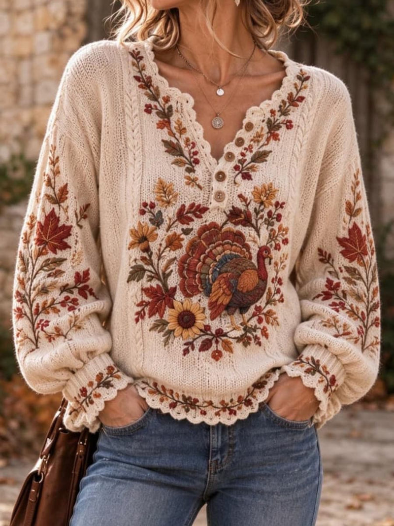 Women's Thanksgiving Beige Turkey Floral V Neck Long Sleeve Sweater
