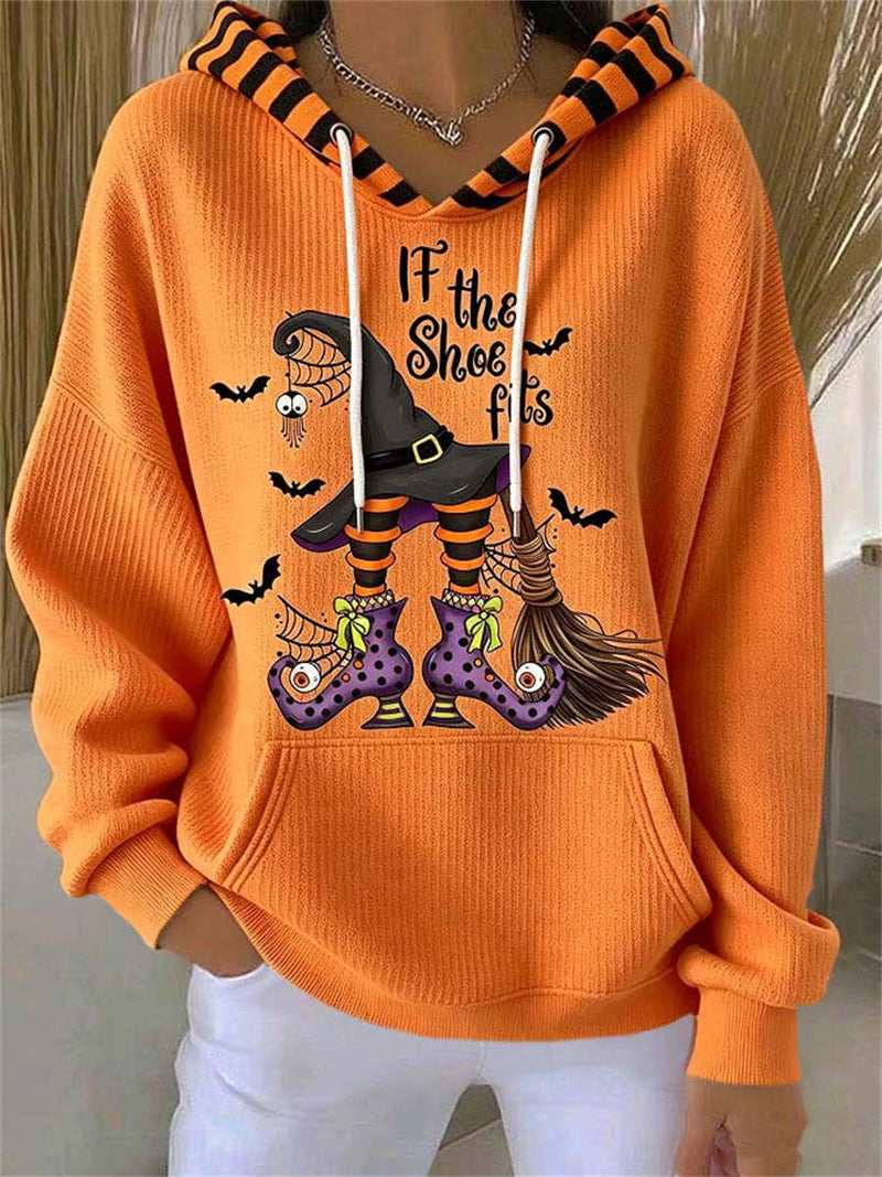 Women's Orange Halloween Witch Shoe Bat V Neck Hoodie
