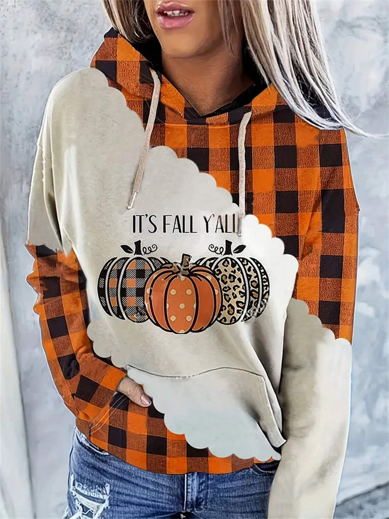 Women's Halloween Multi Plaid Pumpkin Print Round Neck Hoodie