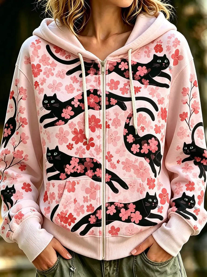 Women's Pink Cat Floral Print Hoodie