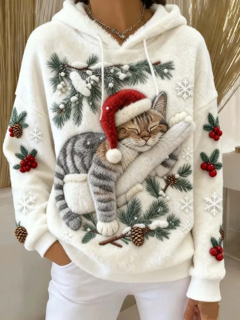 Women's Christmas White Cat Print Round Neck Long Sleeve Hoodie