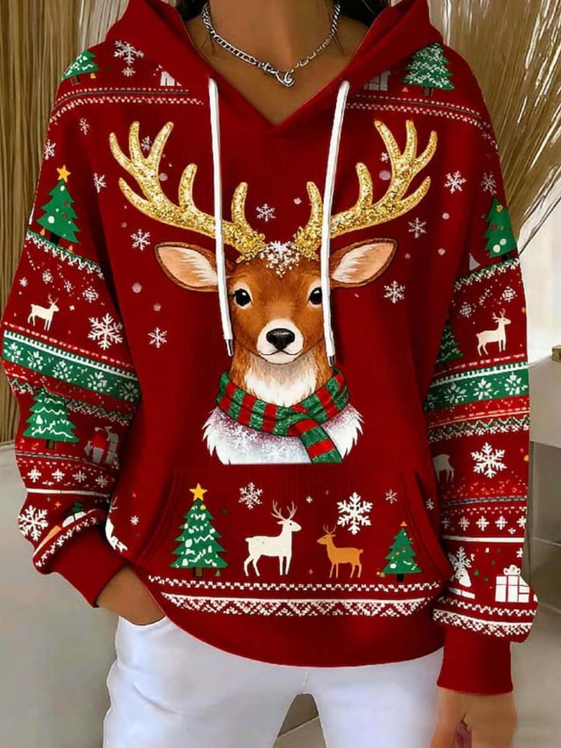 Women's Christmas Red Reindeer V Neck Long Sleeve Hoodie