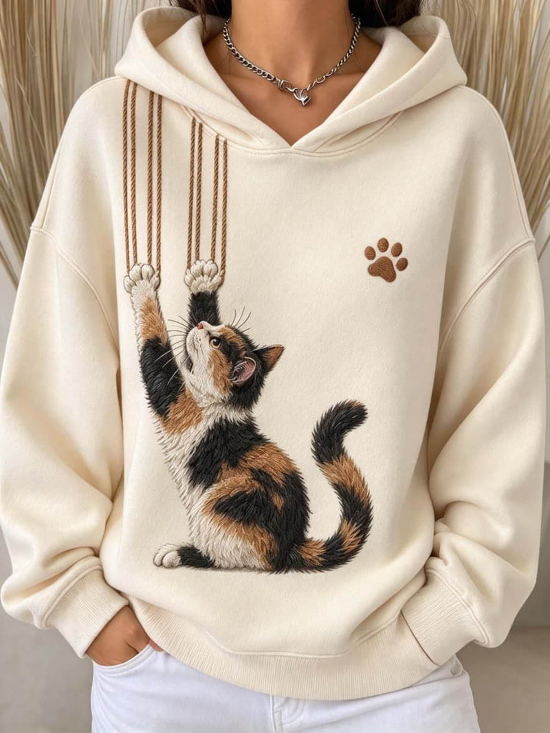 Women's Beige Cat Round Neck Long Sleeve Hoodie