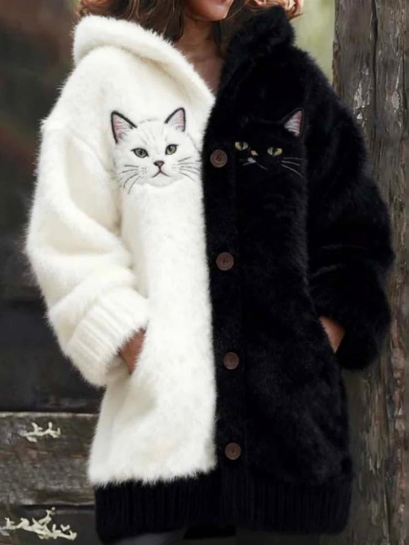 Women's Multi Cat Pattern Hooded Long Sleeve Cardigan