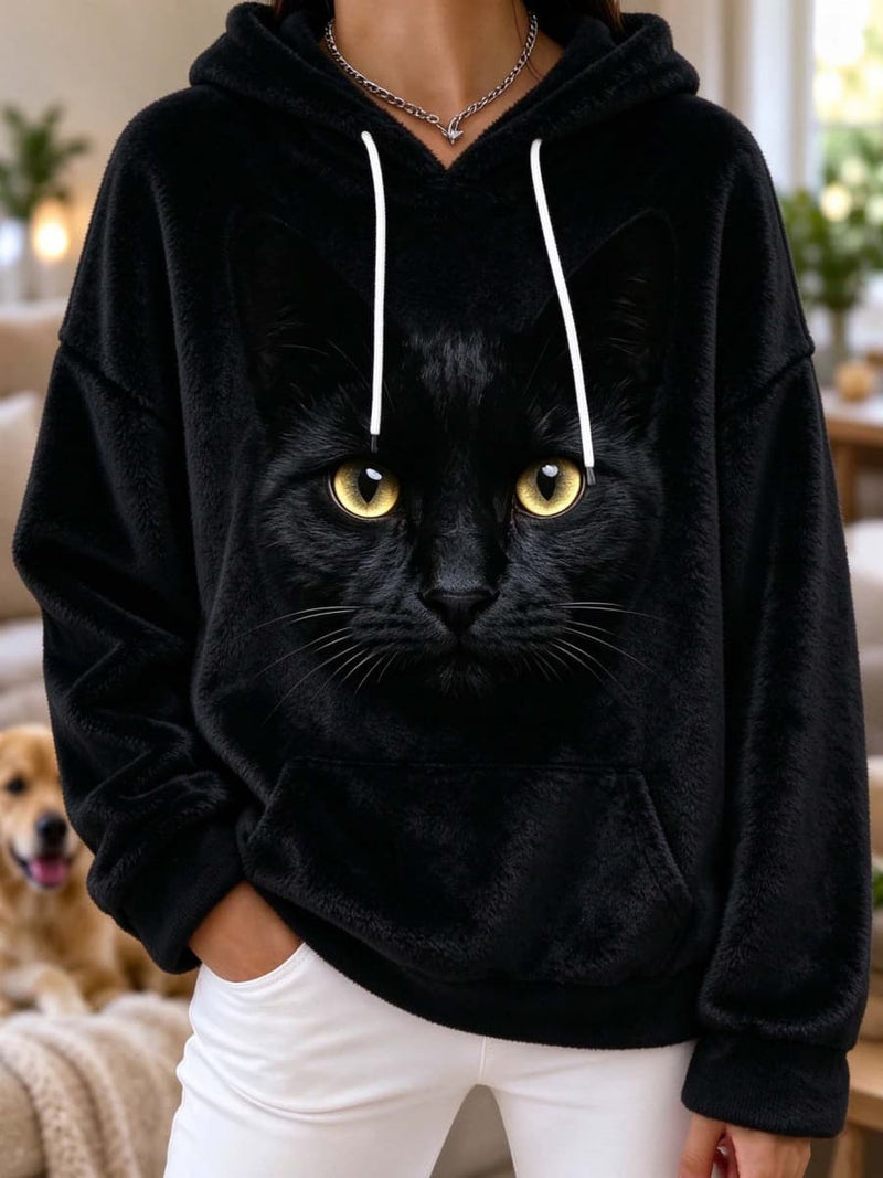 Women's Black Black Cat Graphic Long Sleeve Hoodie