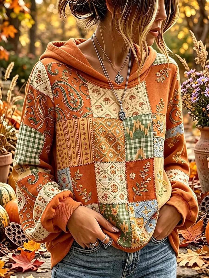 Women's Thanksgiving Multi Patchwork Hood Neck Long Sleeve Hoodie