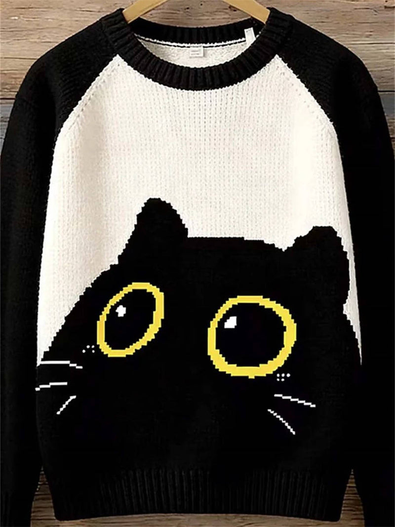 Women's Black And White Black Cat Raglan Round Neck Sweater