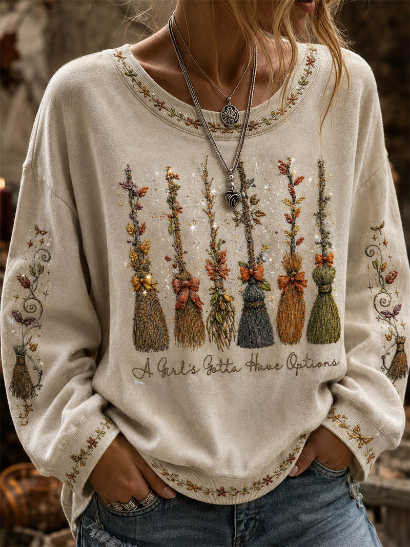 Women's Halloween Beige Broom Print Round Neck Sweatshirt