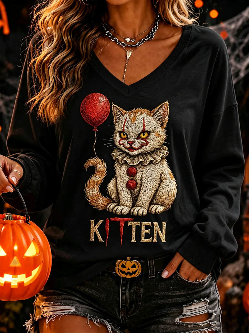 Women's Halloween Black Clown Cat Print V Neck Sweatshirt