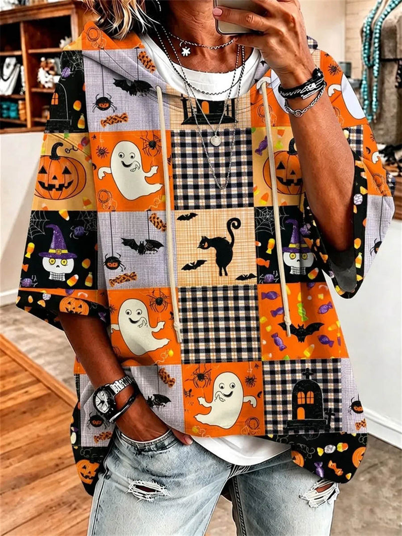 Women's Halloween Multi Plaid Ghost Print Hooded Hoodie