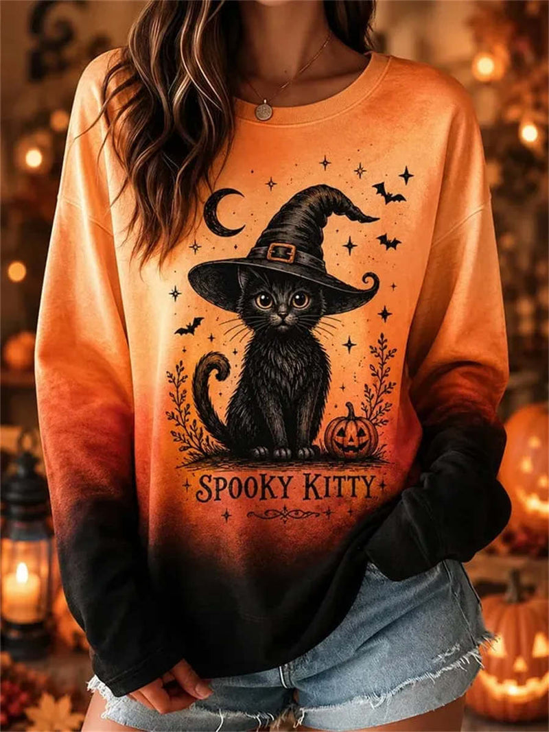 Women's Halloween Multi Cat Pumpkin Bat Round Neck Long Sleeve Sweatshirt