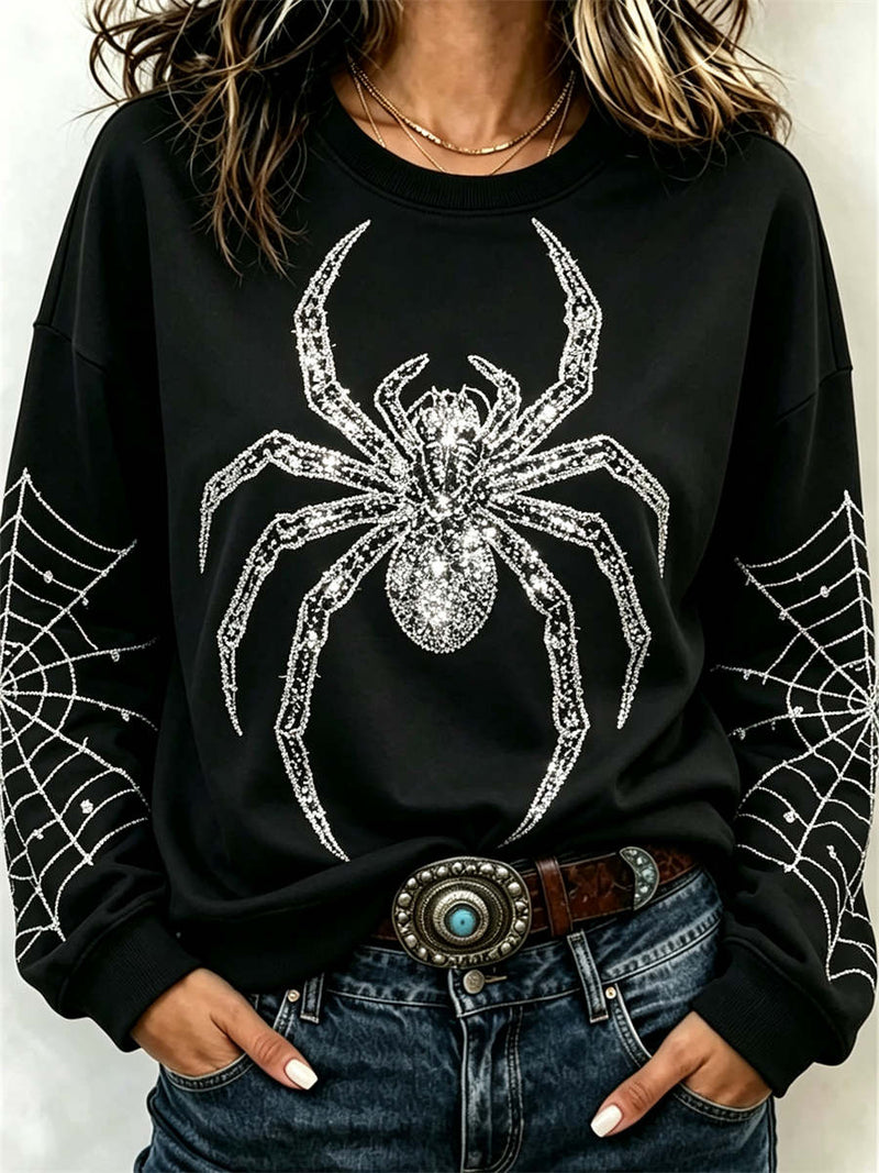 Women's Halloween Black Spider Spiderweb Round Neck Long Sleeve Sweatshirt