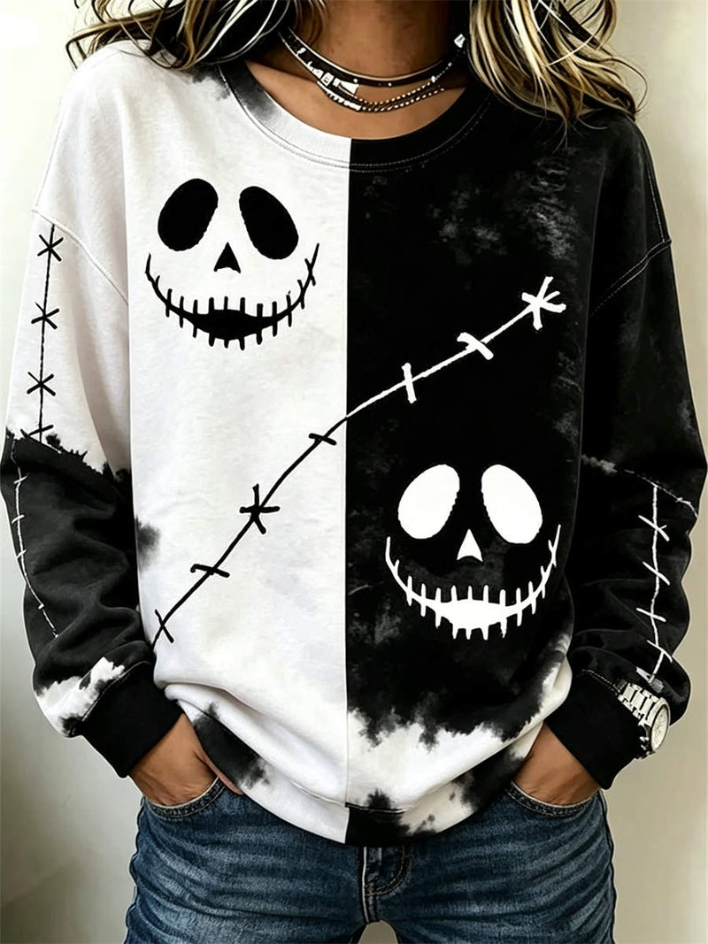 Women's Halloween Black White Tie Dye Skull Stitch Print Round Neck Sweatshirt