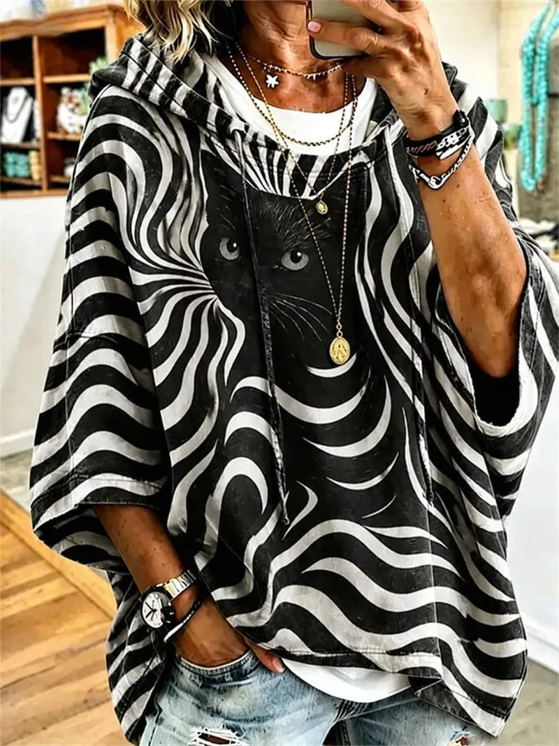 Women's Halloween Black White Swirl Cat Print Hoodie