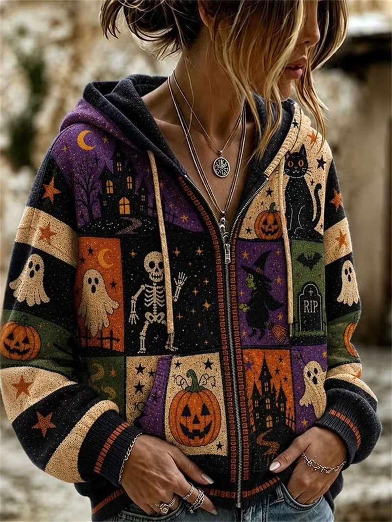 Women's Halloween Multi Ghost Skeleton Patchwork Hoodie
