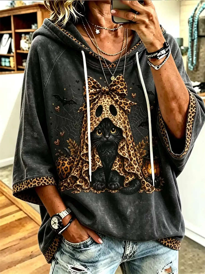 Women's Halloween Dark Gray Leopard Black Cat Bat Spider Web Print Hoodie