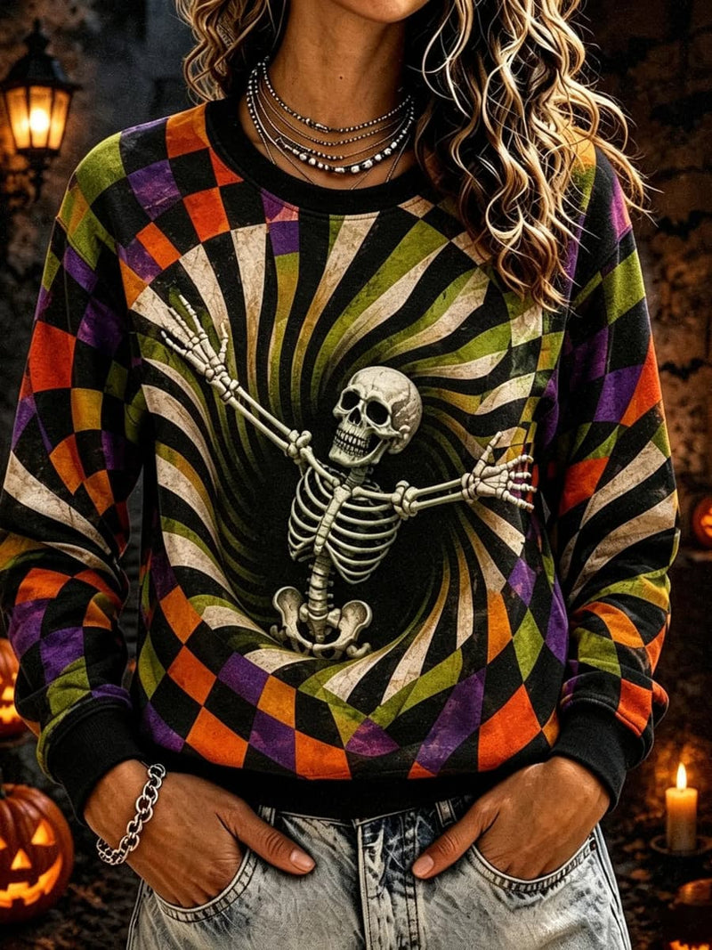 Women's Halloween Multi Spiral Check Skull Print Round Neck Sweatshirt
